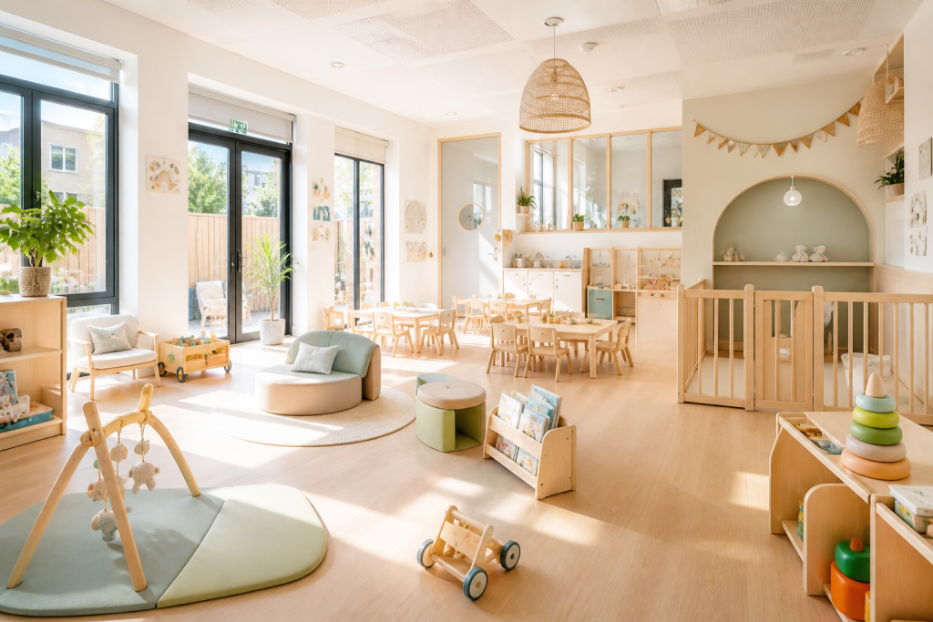 Intérieur chaleureux de micro-crèche lumineux et apaisant.